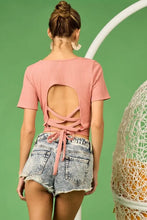 Pink Rib Knit Crop Top with Back Cross Tie Detailing Woman T Shirts