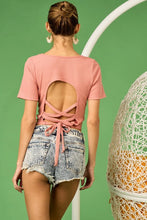 Pink Rib Knit Crop Top with Back Cross Tie Detailing