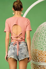 Pink Rib Knit Crop Top with Back Cross Tie Detailing Woman T Shirts