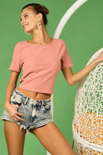 Pink Rib Knit Crop Top with Back Cross Tie Detailing Woman T Shirts