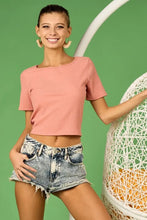 Pink Rib Knit Crop Top with Back Cross Tie Detailing Woman T Shirts