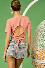 Pink Rib Knit Crop Top with Back Cross Tie Detailing Woman T Shirts