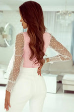 Pink Ribbed Bodysuit with Swiss Dot Sheer Long Sleeves Woman Bodysuits