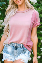 Pink Ribbed Colorblock Short Sleeve Top for Women Blush Pink