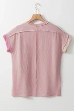 Pink Ribbed Colorblock Short Sleeve Top for Women Woman T Shirts