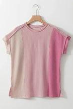 Pink Ribbed Colorblock Short Sleeve Top for Women Woman T Shirts