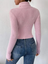 Pink Ribbed Cropped Turtleneck Sweater Long Sleeve Acrylic Pullover