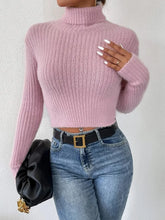 Pink Ribbed Cropped Turtleneck Sweater Long Sleeve Acrylic Pullover Carnation Pink