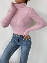 Pink Ribbed Cropped Turtleneck Sweater Long Sleeve Acrylic Pullover