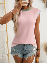 Pink Ribbed Knit Neck Cap Sleeve T Shirt for Women