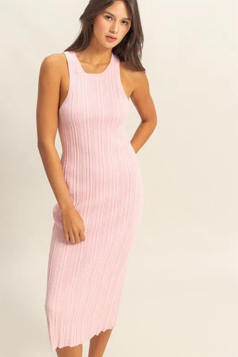 Pink Ribbed Knit Round Neck Bodycon Midi Dress SOFT PINK