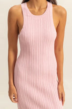 Pink Ribbed Knit Round Neck Bodycon Midi Dress