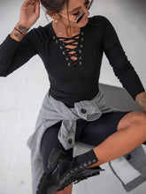 Pink Ribbed Long Sleeve Top with Lace Up Neckline Black