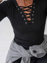Pink Ribbed Long Sleeve Top with Lace Up Neckline