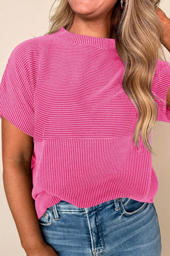 Pink Ribbed Short Sleeve Knit Top for Women Fuchsia Pink