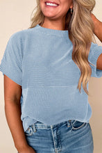Pink Ribbed Short Sleeve Knit Top for Women Light Blue