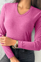 Pink Ribbed V Neck Long Sleeve Top for Women Fuchsia Pink