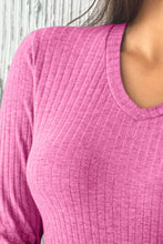 Pink Ribbed V Neck Long Sleeve Top for Women