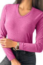 Pink Ribbed V Neck Long Sleeve Top for Women