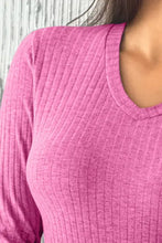 Pink Ribbed V Neck Long Sleeve Top for Women Woman T Shirts