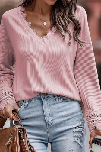 Pink Ribbed V Neck Sweater with Lace Trim Blush Pink
