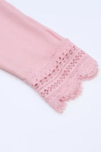 Pink ribbed v neck sweater with dusty rose lace-trimmed leg warmer