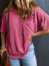 Pink Ribbed V Neck Top with Pocket Fuchsia Pink