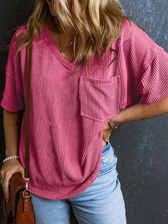 Pink Ribbed V Neck Top with Pocket Fuchsia Pink