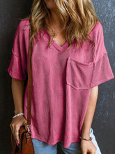Pink Ribbed V Neck Top with Pocket