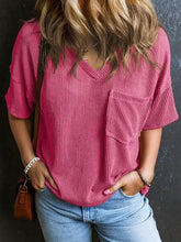 Pink Ribbed V Neck Top with Pocket Woman T Shirts