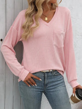 Pink Ribbed V-Neck Waffle Knit Top with Pocket Dusty Pink