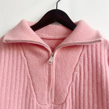Pink Ribbed Zip Long Sleeve Sweater for Women