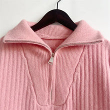 Pink Ribbed Zip Long Sleeve Sweater for Women Sweater Pullovers