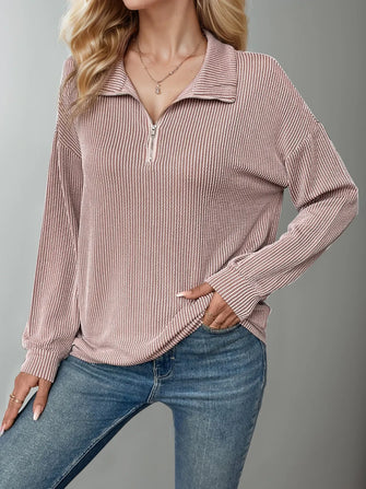 Pink Ribbed Zip-Up Collared Long Sleeve Shirt for Women Taupe