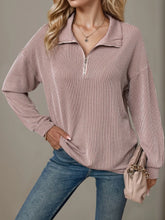 Pink Ribbed Zip-Up Collared Long Sleeve Shirt for Women