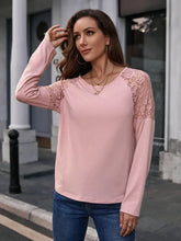 Pink Round Neck Long Sleeve Top with Lace Shoulder Detail Blush Pink Woman T Shirts