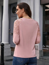 Pink Round Neck Long Sleeve Top with Lace Shoulder Detail Woman T Shirts