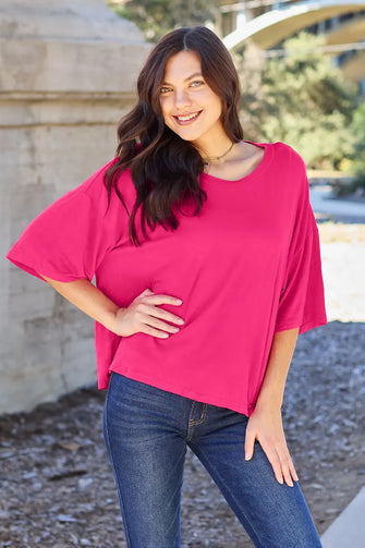 Pink Round Neck T Shirt for Women in Size Round Stretchy Polyester Blend Hot Pink
