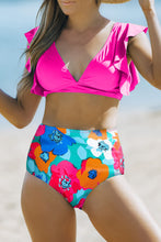 Pink Ruffled Bikini Top and Floral High Waisted Swimsuit Set Hot Pink