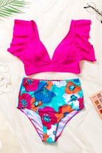 Pink Ruffled Bikini Top and Floral High Waisted Swimsuit Set