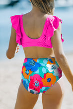 Pink Ruffled Bikini Top and Floral High Waisted Swimsuit Set