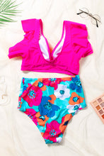 Pink Ruffled Bikini Top and Floral High Waisted Swimsuit Set