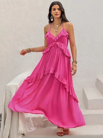 Pink Ruffled Halter Maxi Dress in Viscose Hot Pink