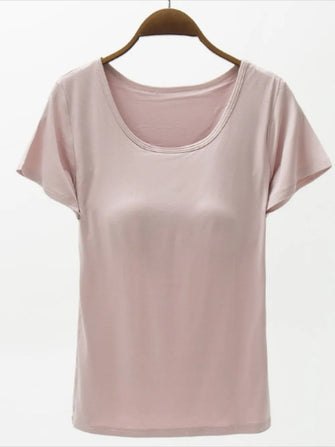 Pink Scoop Neck T Shirt with Built In Bra for Women Dusty Pink