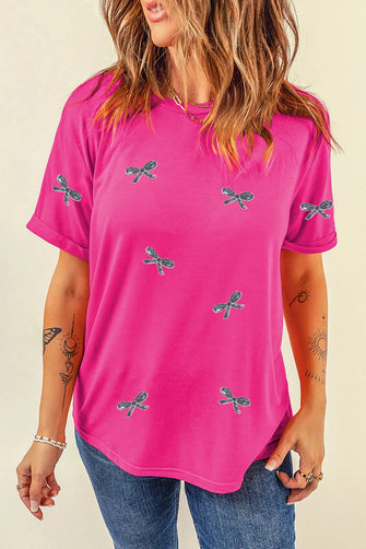 Pink Sequin Bow T-Shirt with Dragonfly Pattern for Women Hot Pink