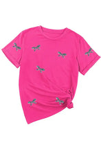 Pink sequin bow t-shirt with dragonfly pattern