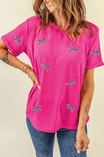 Pink Sequin Bow T-Shirt with Dragonfly Pattern for Women Woman T Shirts