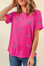 Pink Sequin Bow T-Shirt with Dragonfly Pattern for Women