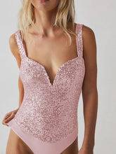 Pink Sequined V Neck Bodysuit for Women