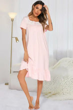 Pink Short Sleeve Buttoned Nightgown with Lace Trim Blush Pink Dresses